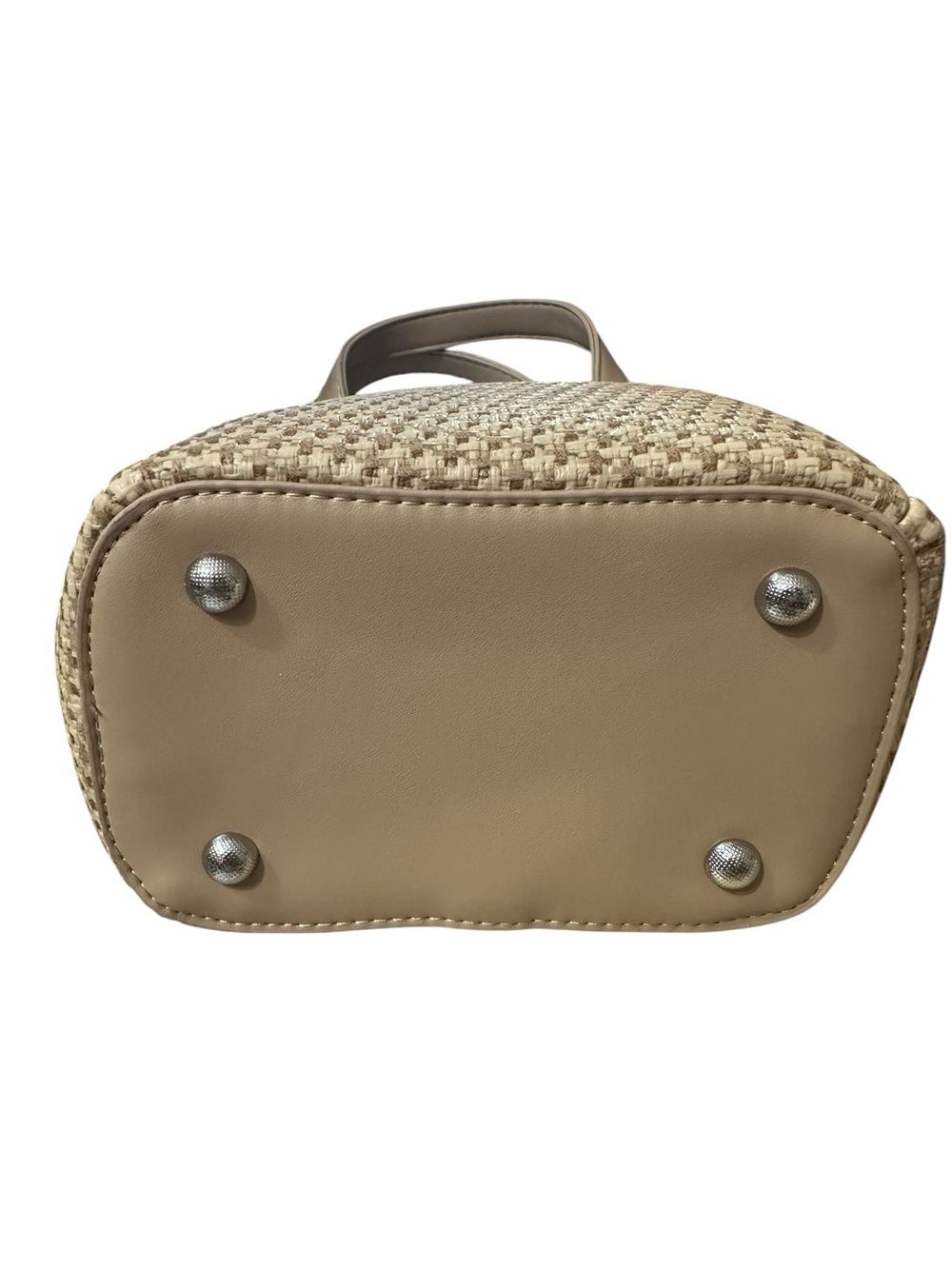 Beige Woven Tote Bag with Leather Trim - Picture 3 of 5